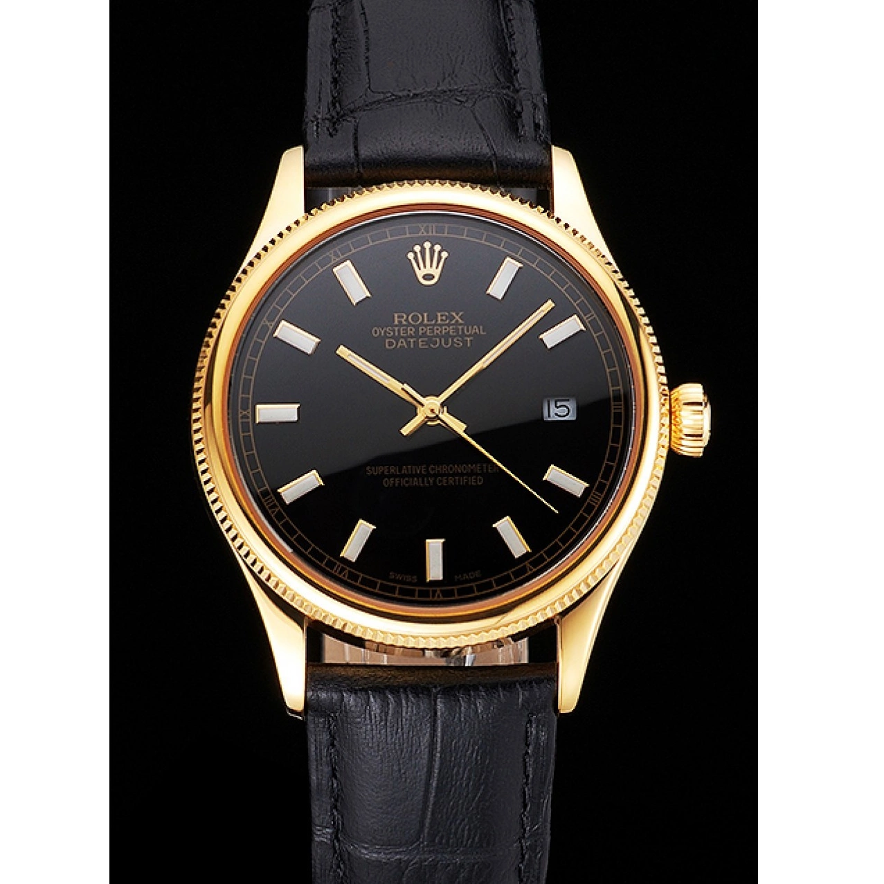Aaa replica Black Dial Gold Datejust Strap Swiss Case Rolex Black Leather 0521